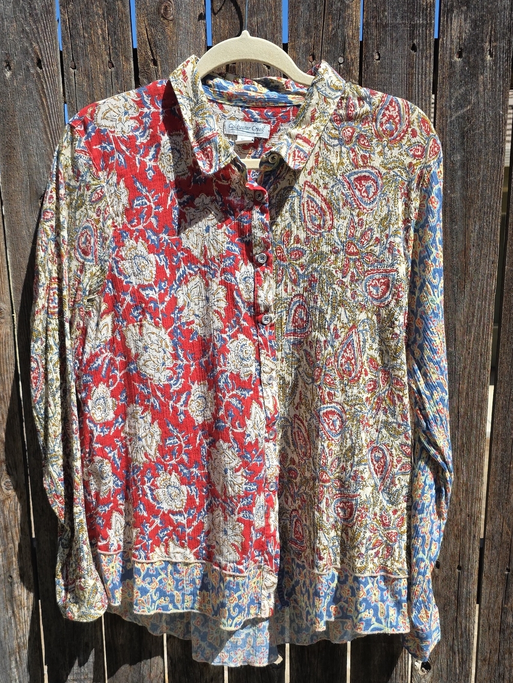 Coldwater Creek Floral & Paisley Button-Down Shirt Red, Blue, Cream 100% Cotton